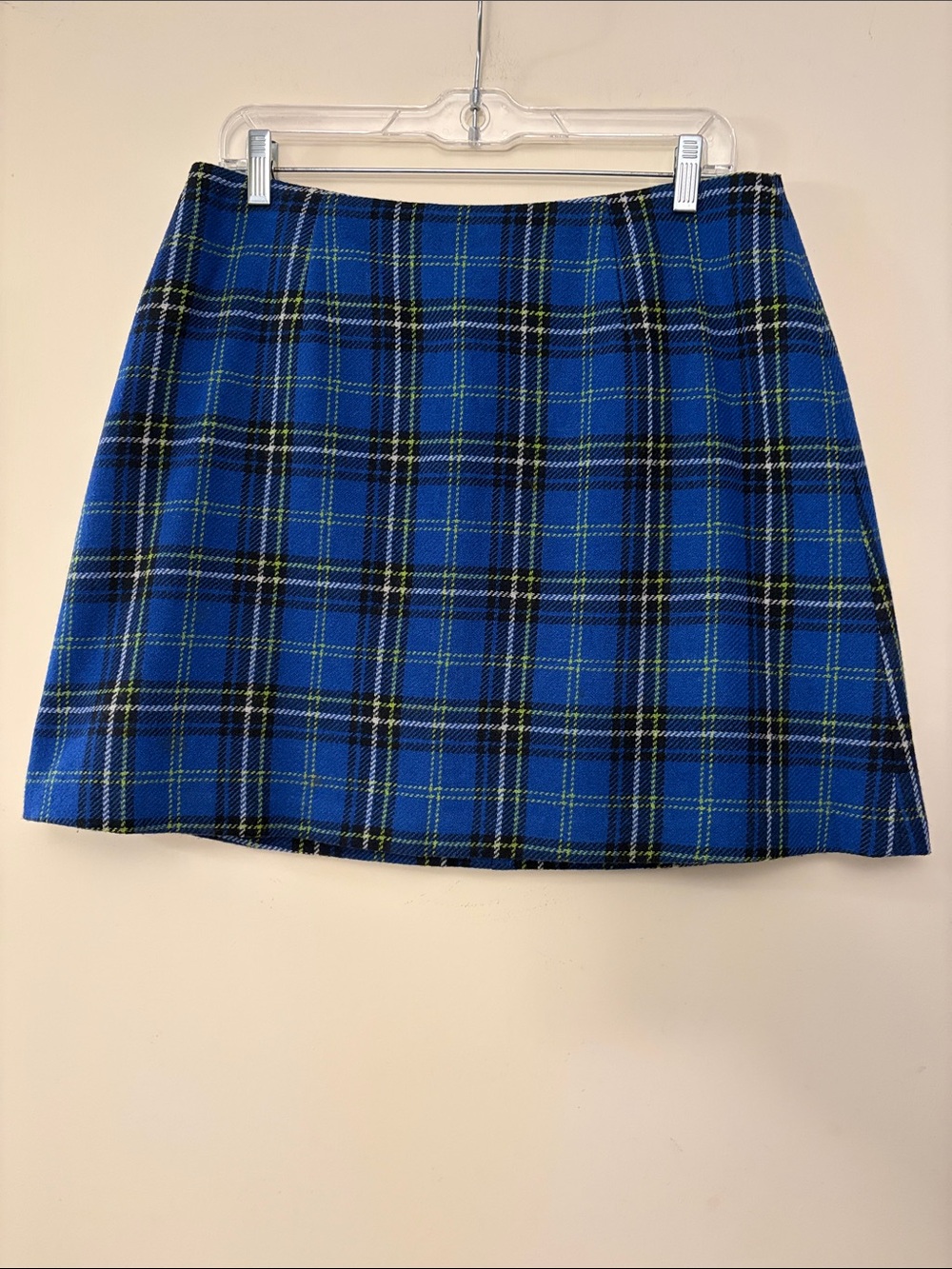 Express Vintage Women’s Blue Plaid Mini Wool Blend Skirt, size 13/14